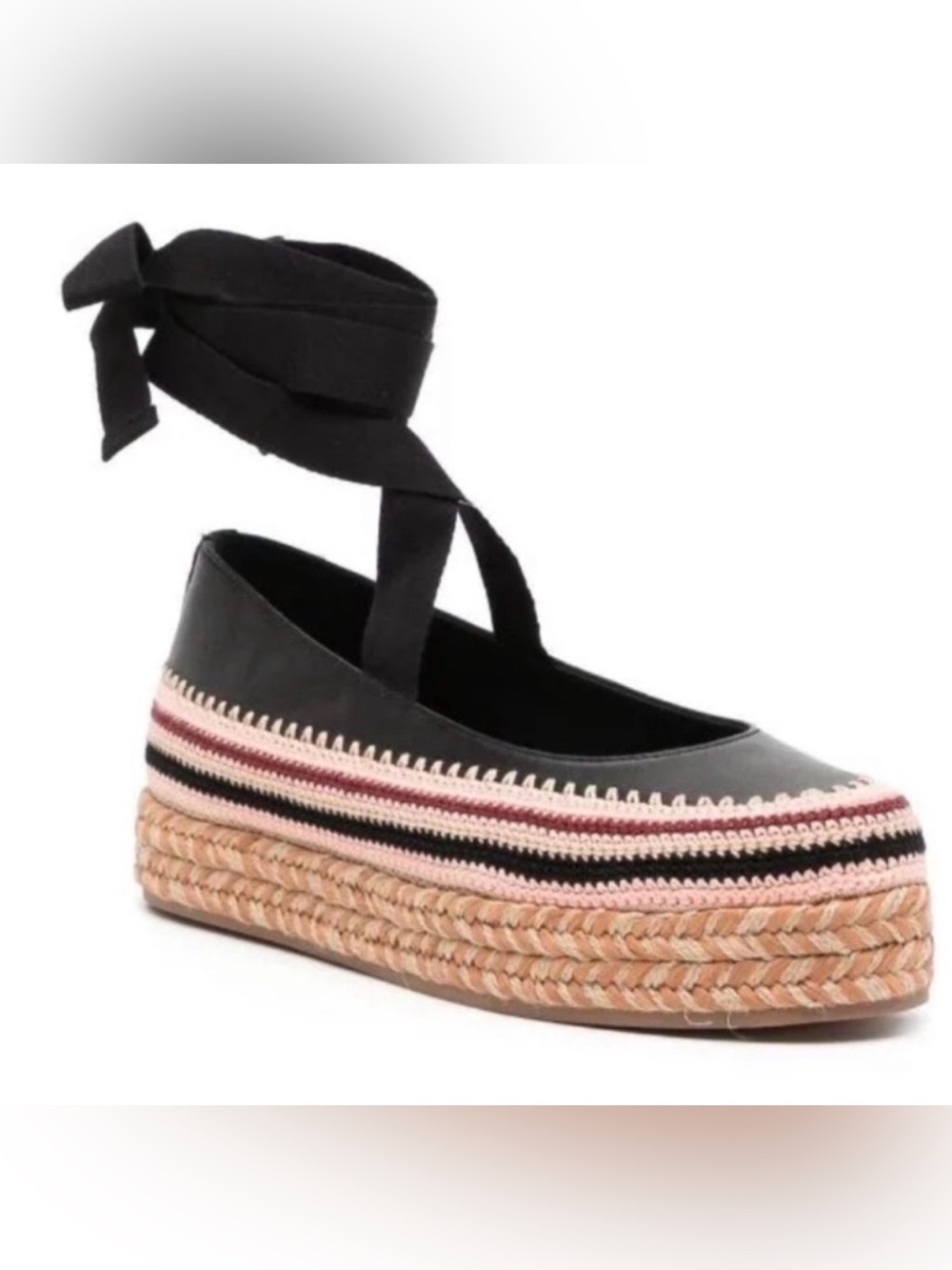 Women’s Ulla Johnson Black Yelena Crochet Espadrille Ballet Flats with Pink Trim